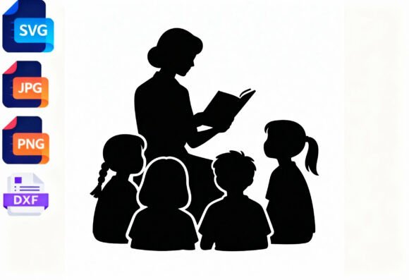 Teacher Reading to Children Silhouette Graphics